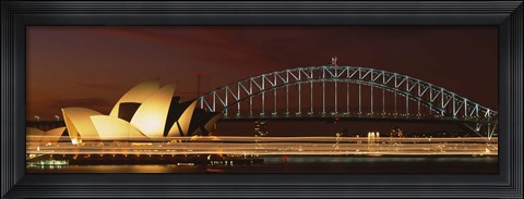 Framed Opera house lit up at night with light streaks, Sydney Harbor Bridge, Sydney Opera House, Sydney, New South Wales, Australia Print
