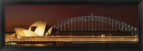 Framed Opera house lit up at night with light streaks, Sydney Harbor Bridge, Sydney Opera House, Sydney, New South Wales, Australia Print