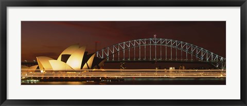 Framed Opera house lit up at night with light streaks, Sydney Harbor Bridge, Sydney Opera House, Sydney, New South Wales, Australia Print