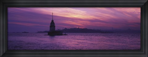 Framed Lighthouse in the sea with mosque in the background, St. Sophia, Leander&#39;s Tower, Blue Mosque, Istanbul, Turkey Print