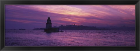 Framed Lighthouse in the sea with mosque in the background, St. Sophia, Leander&#39;s Tower, Blue Mosque, Istanbul, Turkey Print