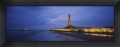 Framed Buildings lit up at dusk, Blackpool Tower, Blackpool, Lancashire, England Print