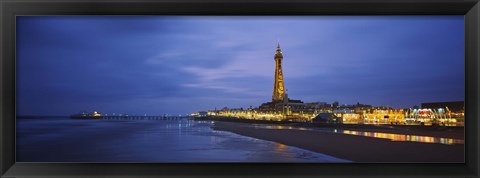 Framed Buildings lit up at dusk, Blackpool Tower, Blackpool, Lancashire, England Print