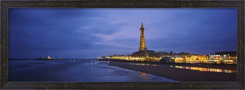 Framed Buildings lit up at dusk, Blackpool Tower, Blackpool, Lancashire, England Print