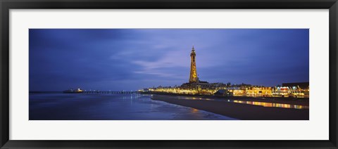 Framed Buildings lit up at dusk, Blackpool Tower, Blackpool, Lancashire, England Print