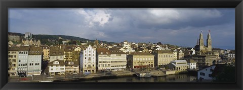 Framed High Angle View Of A City, Grossmunster Cathedral, Zurich, Switzerland Print