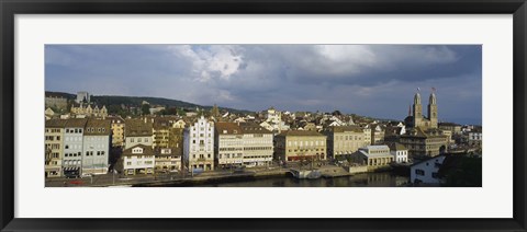 Framed High Angle View Of A City, Grossmunster Cathedral, Zurich, Switzerland Print