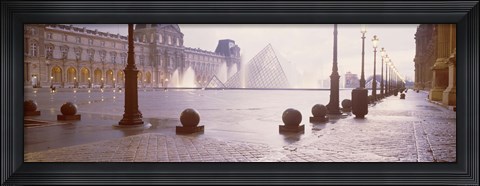 Framed Street lights lit up at dawn, Louvre Pyramid, Musee Du Louvre, Paris, France Print