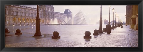 Framed Street lights lit up at dawn, Louvre Pyramid, Musee Du Louvre, Paris, France Print