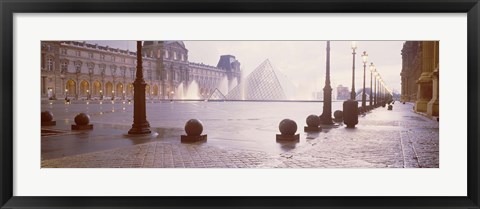 Framed Street lights lit up at dawn, Louvre Pyramid, Musee Du Louvre, Paris, France Print