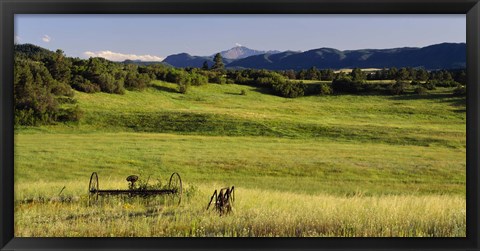 Framed Agricultural equipment in a field, Pikes Peak, Larkspur, Colorado, USA Print