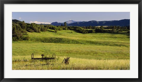 Framed Agricultural equipment in a field, Pikes Peak, Larkspur, Colorado, USA Print