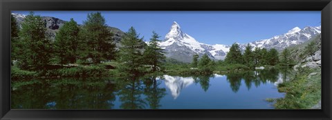 Framed Reflection of a mountain in a lake, Matterhorn, Riffelsee Lake, Pennine Alps, Zermatt, Valley, Switzerland Print