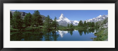 Framed Reflection of a mountain in a lake, Matterhorn, Riffelsee Lake, Pennine Alps, Zermatt, Valley, Switzerland Print