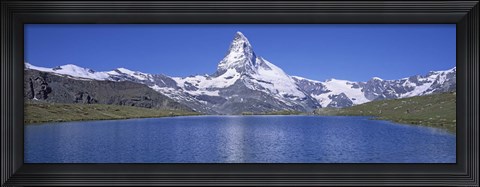 Framed Panoramic View Of A Snow Covered Mountain By A Lake, Matterhorn, Zermatt, Switzerland Print