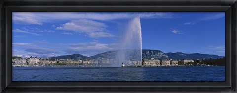 Framed Fountain in front of buildings, Jet D&#39;eau, Geneva, Switzerland Print