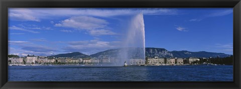 Framed Fountain in front of buildings, Jet D&#39;eau, Geneva, Switzerland Print