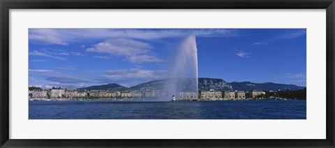 Framed Fountain in front of buildings, Jet D&#39;eau, Geneva, Switzerland Print