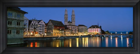 Framed Buildings at the waterfront, Grossmunster Cathedral, Zurich, Switzerland Print