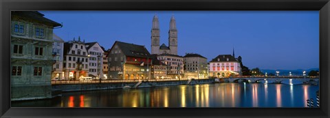 Framed Buildings at the waterfront, Grossmunster Cathedral, Zurich, Switzerland Print