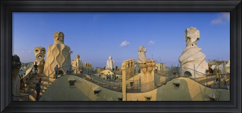 Framed Chimneys on the roof of a building, Casa Mila, Barcelona, Catalonia, Spain Print