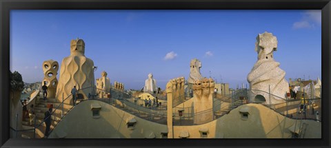 Framed Chimneys on the roof of a building, Casa Mila, Barcelona, Catalonia, Spain Print