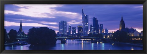 Framed Buildings lit up at night, Frankfurt, Germany Print