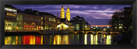 Framed Reflection of night lights in River Limmat Zurich Switzerland Print