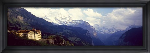 Framed Hotel with mountain range in the background, Swiss Alps, Switzerland Print