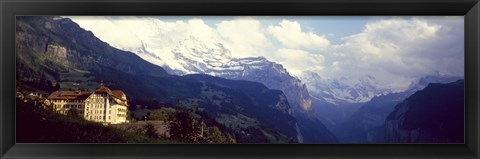 Framed Hotel with mountain range in the background, Swiss Alps, Switzerland Print