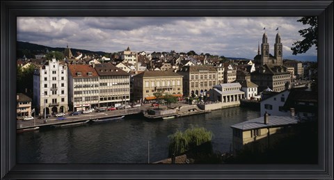 Framed High angle view of buildings along a river, River Limmat, Zurich, Switzerland Print