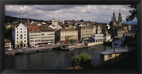 Framed High angle view of buildings along a river, River Limmat, Zurich, Switzerland Print