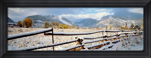 Framed Wooden fence covered with snow at the countryside, Colorado, USA Print