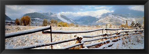 Framed Wooden fence covered with snow at the countryside, Colorado, USA Print