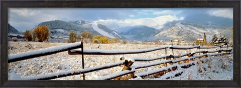 Framed Wooden fence covered with snow at the countryside, Colorado, USA Print