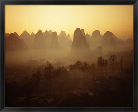 Framed Sunrise in Mountains Guilin China Print