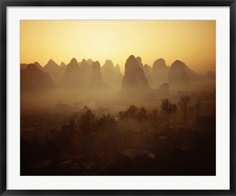 Framed Sunrise in Mountains Guilin China Print