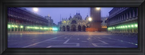 Framed Street lights lit up in front of a cathedral at sunrise, St. Mark&#39;s Cathedral, St. Mark&#39;s Square, Venice, Veneto, Italy Print