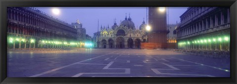 Framed Street lights lit up in front of a cathedral at sunrise, St. Mark&#39;s Cathedral, St. Mark&#39;s Square, Venice, Veneto, Italy Print