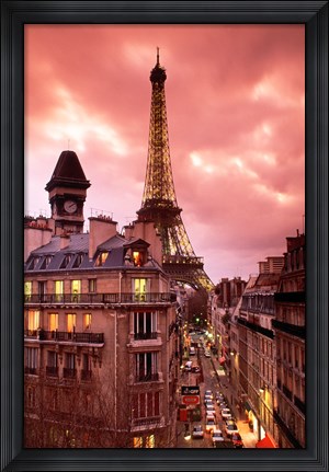 Framed Paris Street Scene with Eiffel Tower and Red Sky Print
