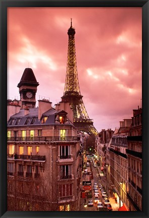 Framed Paris Street Scene with Eiffel Tower and Red Sky Print