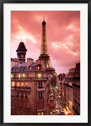 Framed Paris Street Scene with Eiffel Tower and Red Sky Print