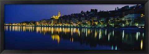 Framed Reflection of buildings in water, Menton, Alpes-Maritimes, Provence-Alpes-Cote d&#39;Azur, France Print