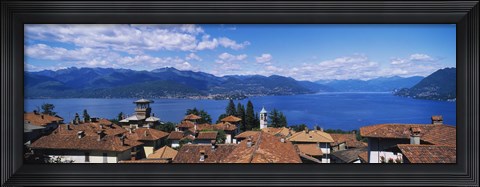 Framed High angle view of buildings near a lake, Lake Maggiore, Vedasco, Italy Print