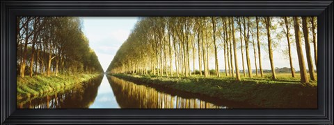Framed Belgium, tree lined waterway through countryside Print