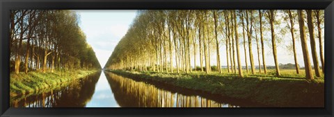 Framed Belgium, tree lined waterway through countryside Print