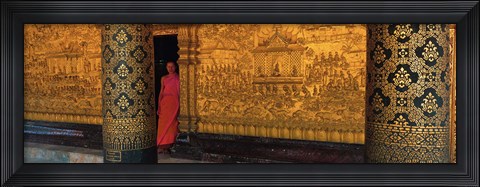 Framed Monk in prayer hall at Wat Mai Buddhist Monastery, Luang Prabang, Laos Print