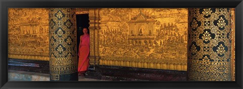 Framed Monk in prayer hall at Wat Mai Buddhist Monastery, Luang Prabang, Laos Print