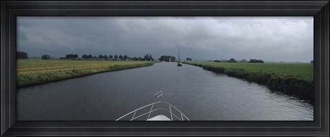 Framed Motorboat in a canal, Friesland, Netherlands Print