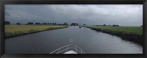 Framed Motorboat in a canal, Friesland, Netherlands Print